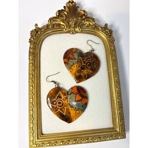 Heart Dangle Earrings Boho Floral Sunburst Earth Tones Statement